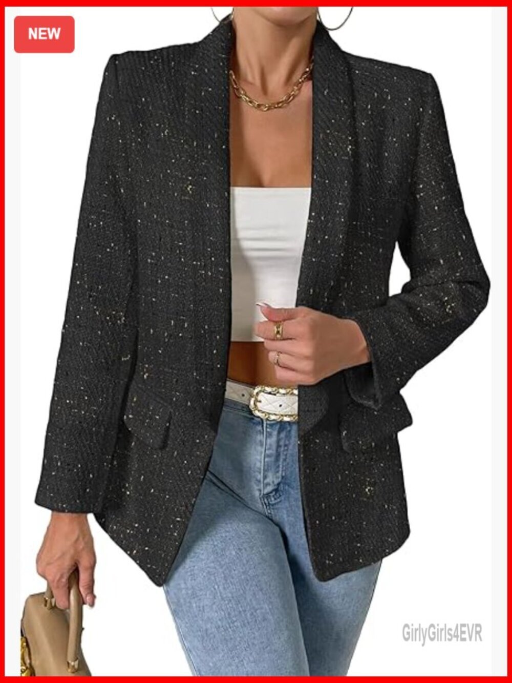 Tweed Blazer Shawl Lapel Open Front Business Casual Jacket with Pockets